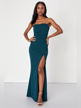 Lulu's Marvelous Entrance Emerald Green Pleated Strapless Maxi Dress - Size S